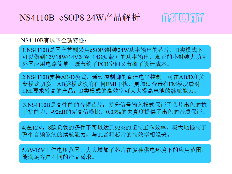 納芯威科技推出eSOP8 24W單聲道ABD類音頻功放NS4110B